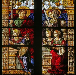 Fenster mit Darstellung von Philippe de Serrière mit dem Heiligen Philippus, zwei knienden Frauen und möglicherweise der Heiligen Yolande